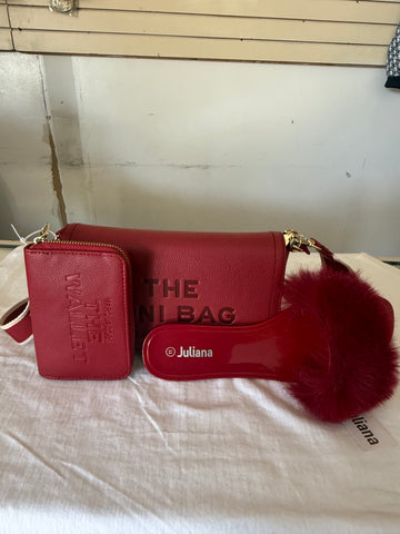 Red The Mini Bag with red slides to match